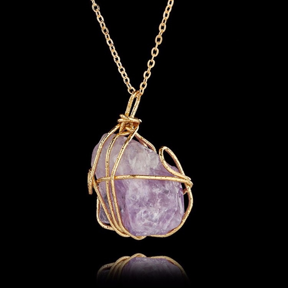 Gold Wire Wrapped Amethyst Crystal Raw Stone